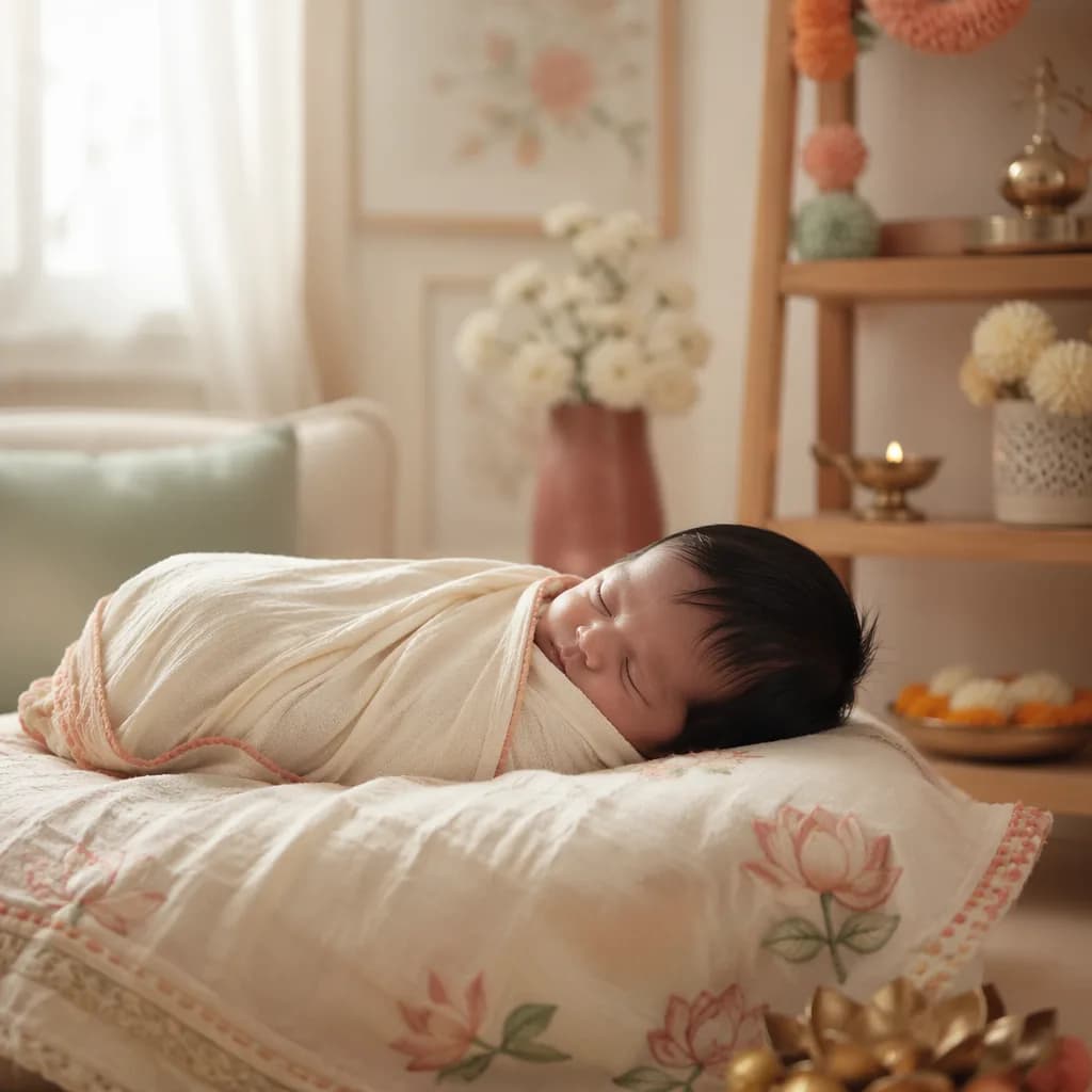 A softly swaddled newborn in a cozy pastel nursery with gentle Indian-inspired decor.