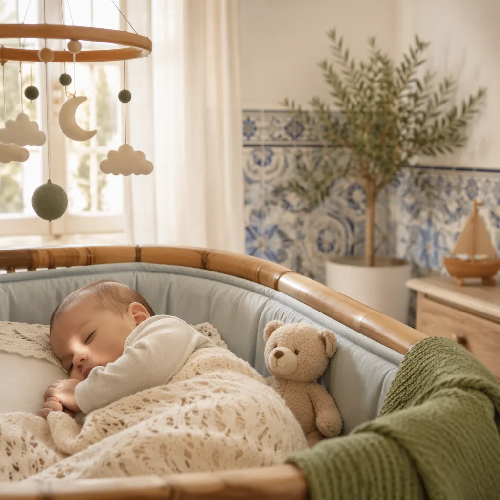Sleeping baby in a cozy Portuguese nursery with a plush bear and soft pastel decor.