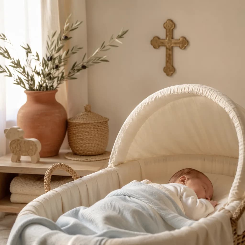 Peaceful Spanish nursery with a sleeping baby, soft pastels, olive branches, and gentle faith-inspired decor.