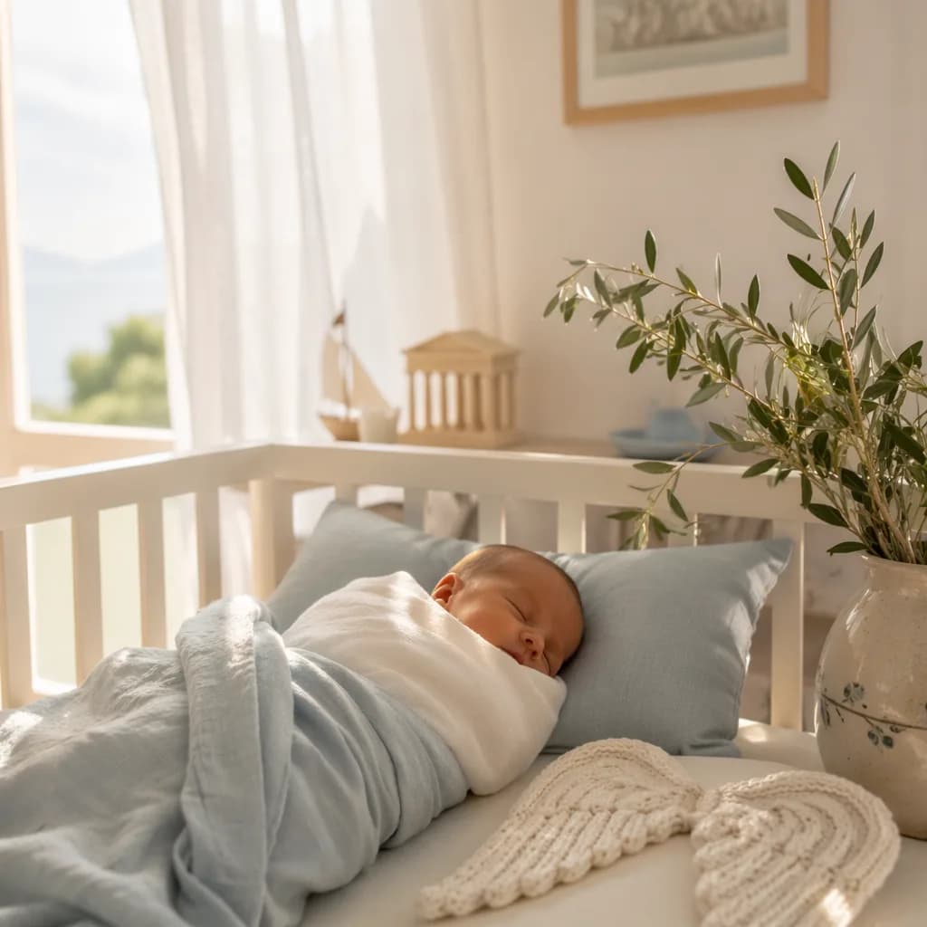 Sleeping baby in a soft Greek-inspired nursery with olive branches and angelic details
