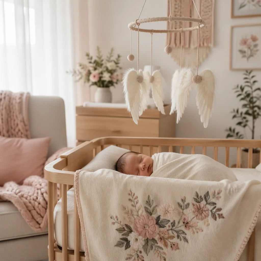 A softly lit nursery with a swaddled newborn and angel-wing mobile inspired by the name Aniela.