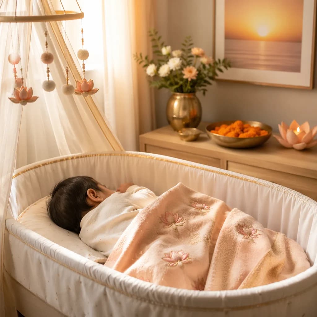 A peaceful Indian baby in a pastel nursery with soft golden light and delicate floral accents.
