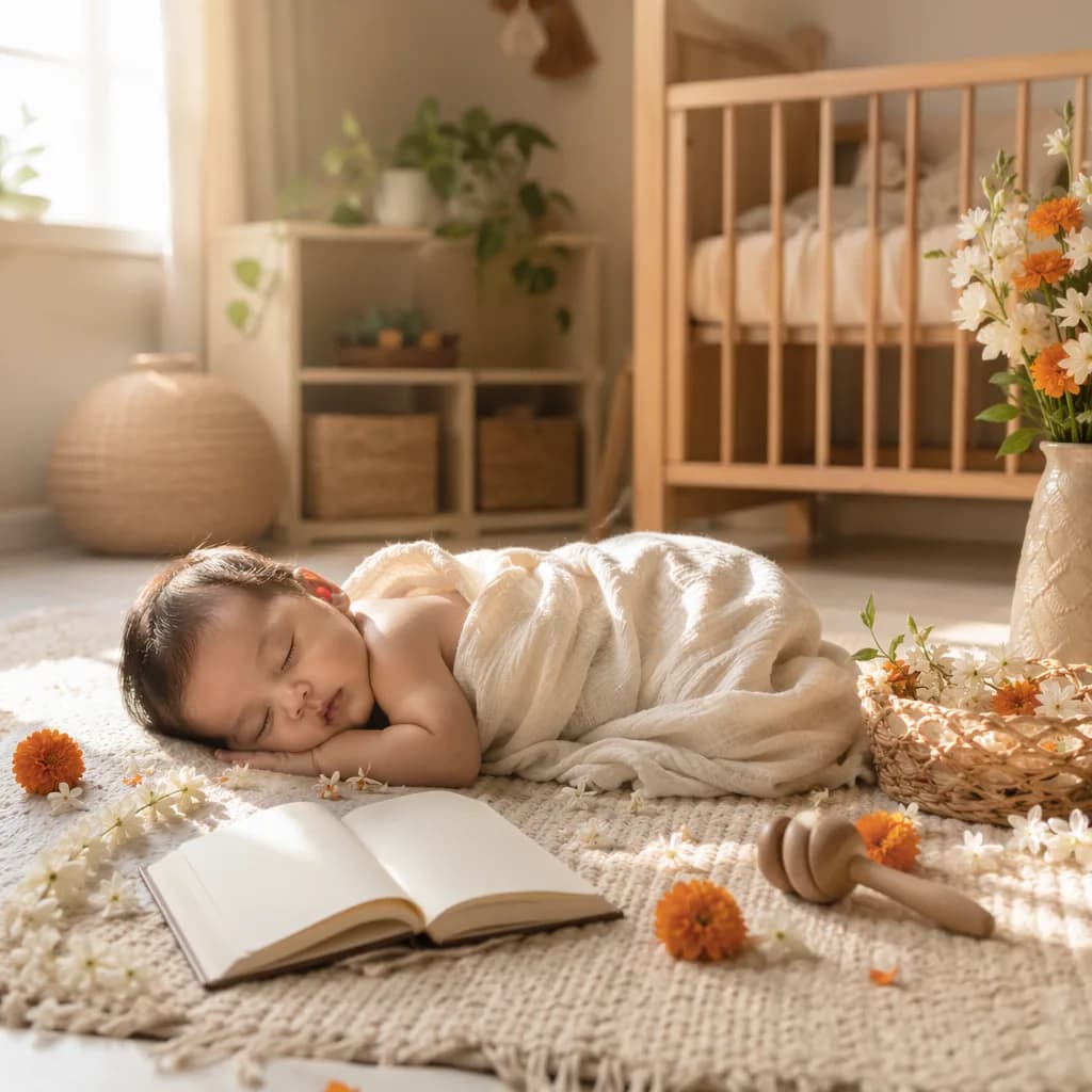 A serene pastel nursery with a swaddled sleeping baby, flowers, and a blank notebook.