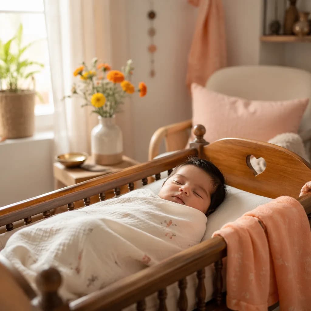 A sleeping baby in a soft pastel nursery with warm Indian-inspired decor.