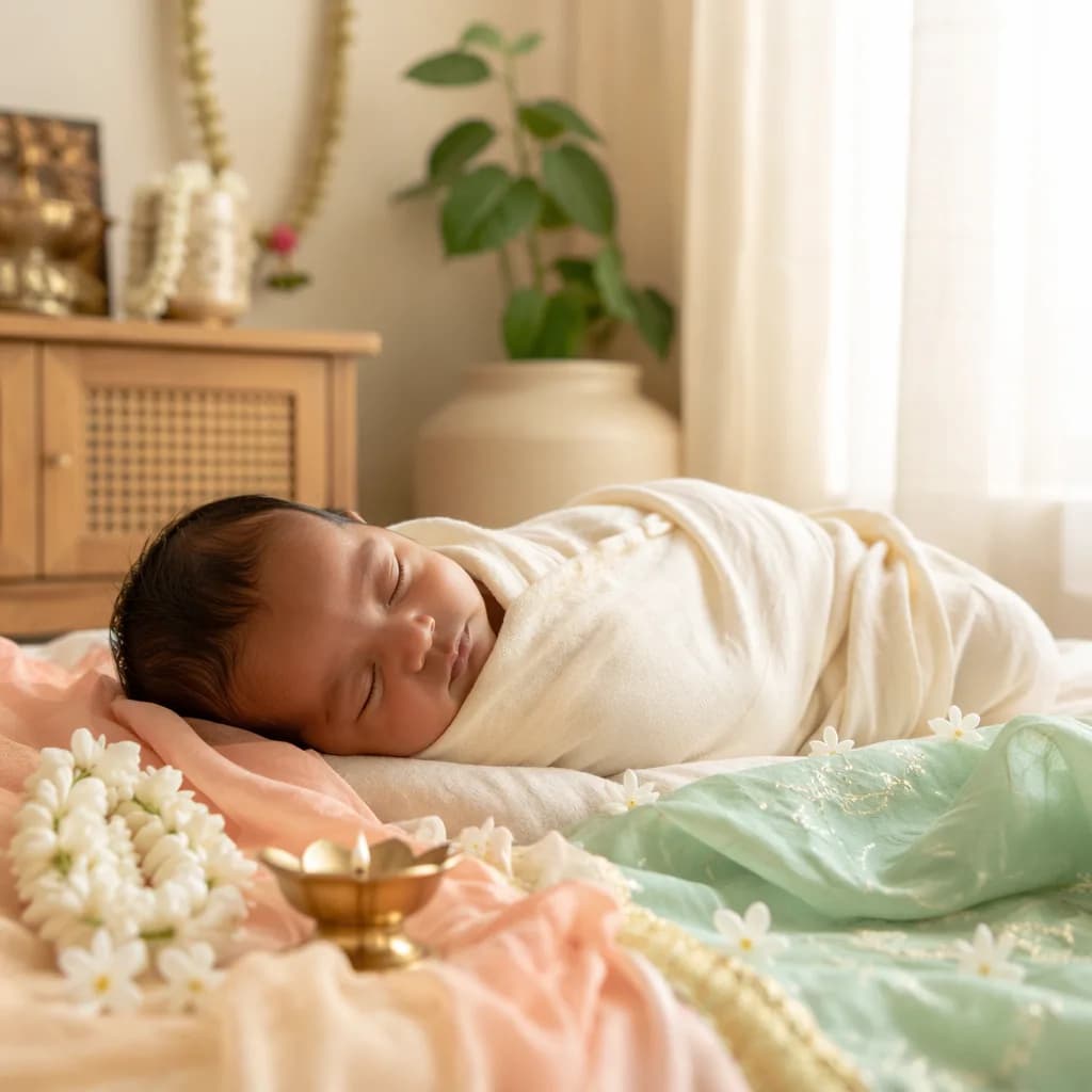 Sleeping baby in a soft pastel Tamil-inspired nursery with jasmine and warm natural light