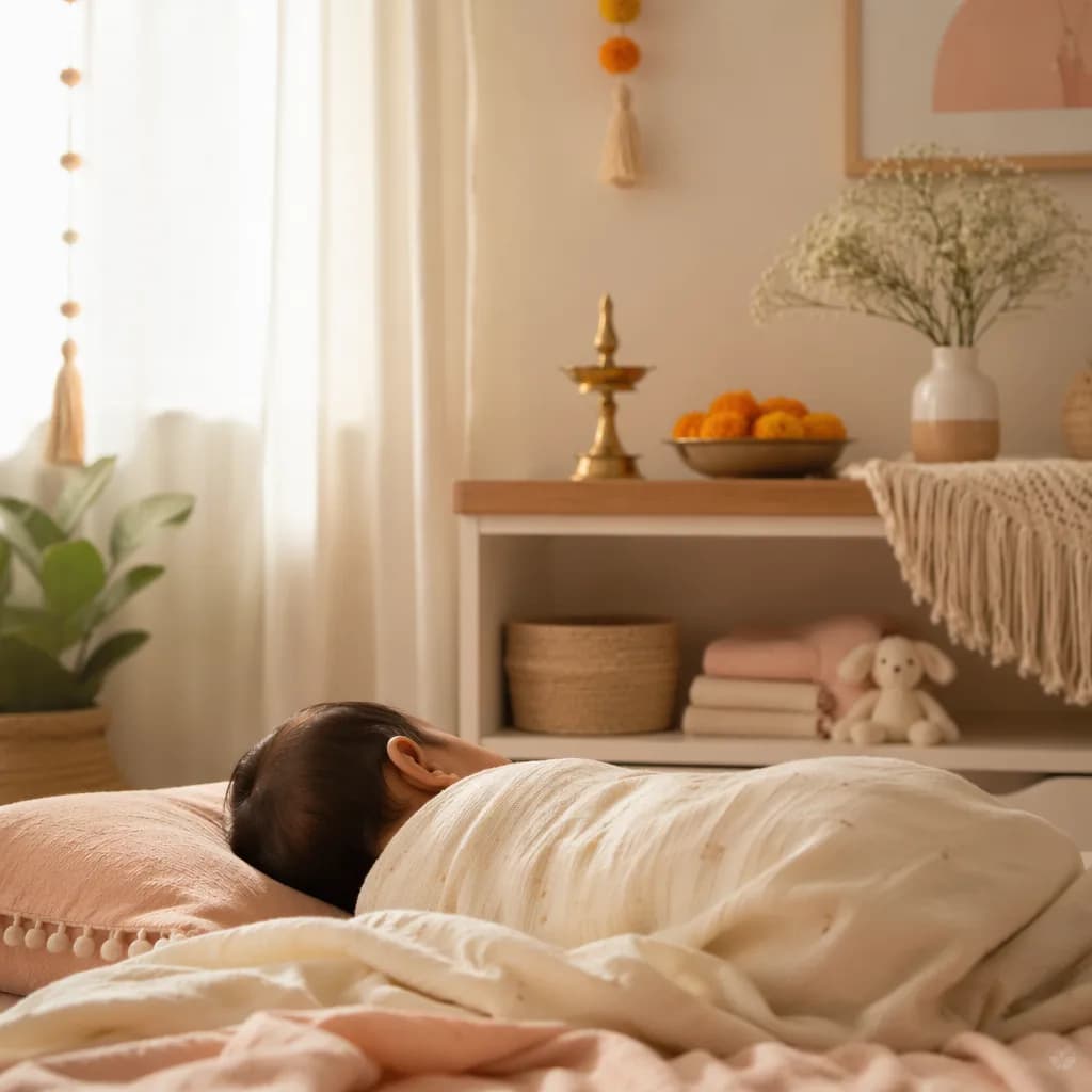 Soft pastel nursery with a swaddled baby and gentle Indian-inspired decor.