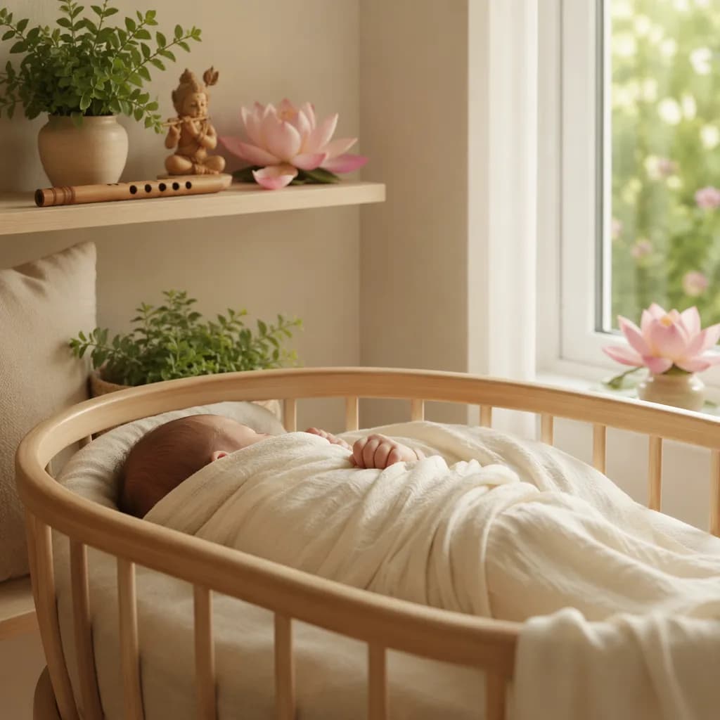 Peaceful baby in a cozy pastel nursery with lotus flowers and a wooden flute.