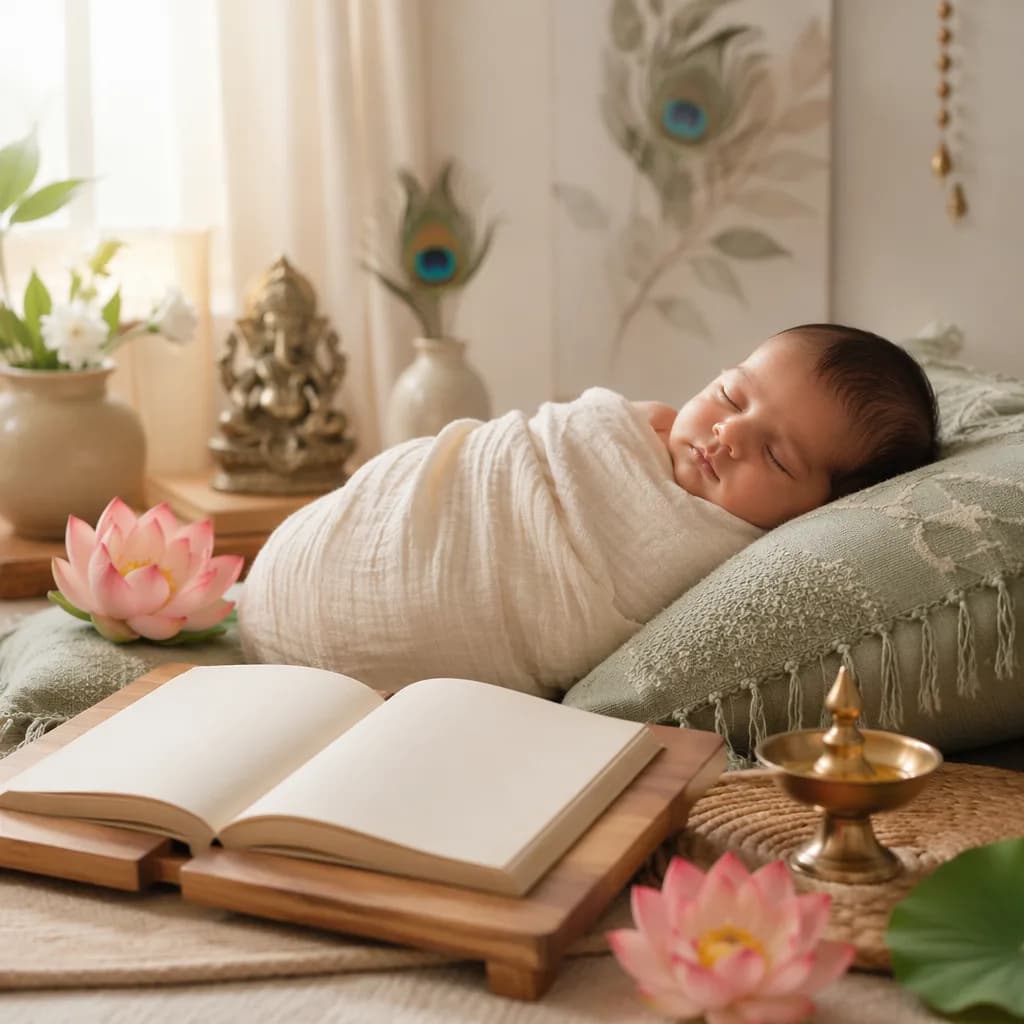 Sleeping baby in a soft Sanskrit-inspired nursery with lotus and wisdom-themed accents.