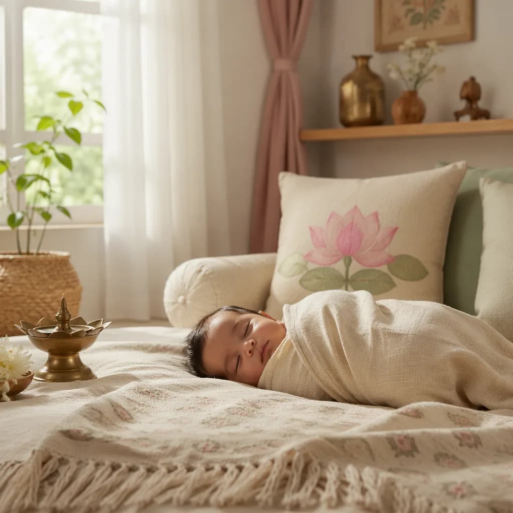 A serene pastel nursery with a swaddled sleeping baby and subtle lotus-inspired decor.