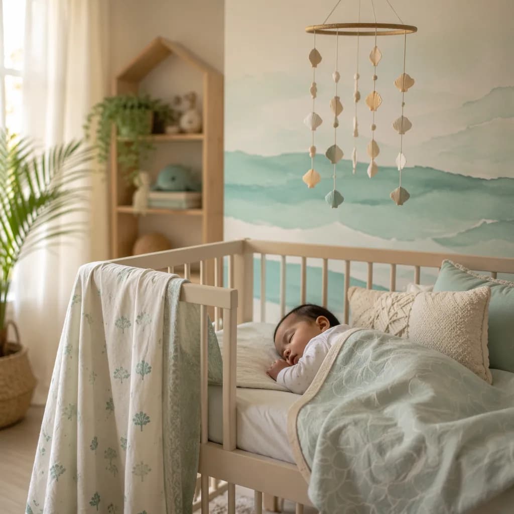 A peaceful pastel nursery with a sleeping baby and subtle ocean-inspired decor.