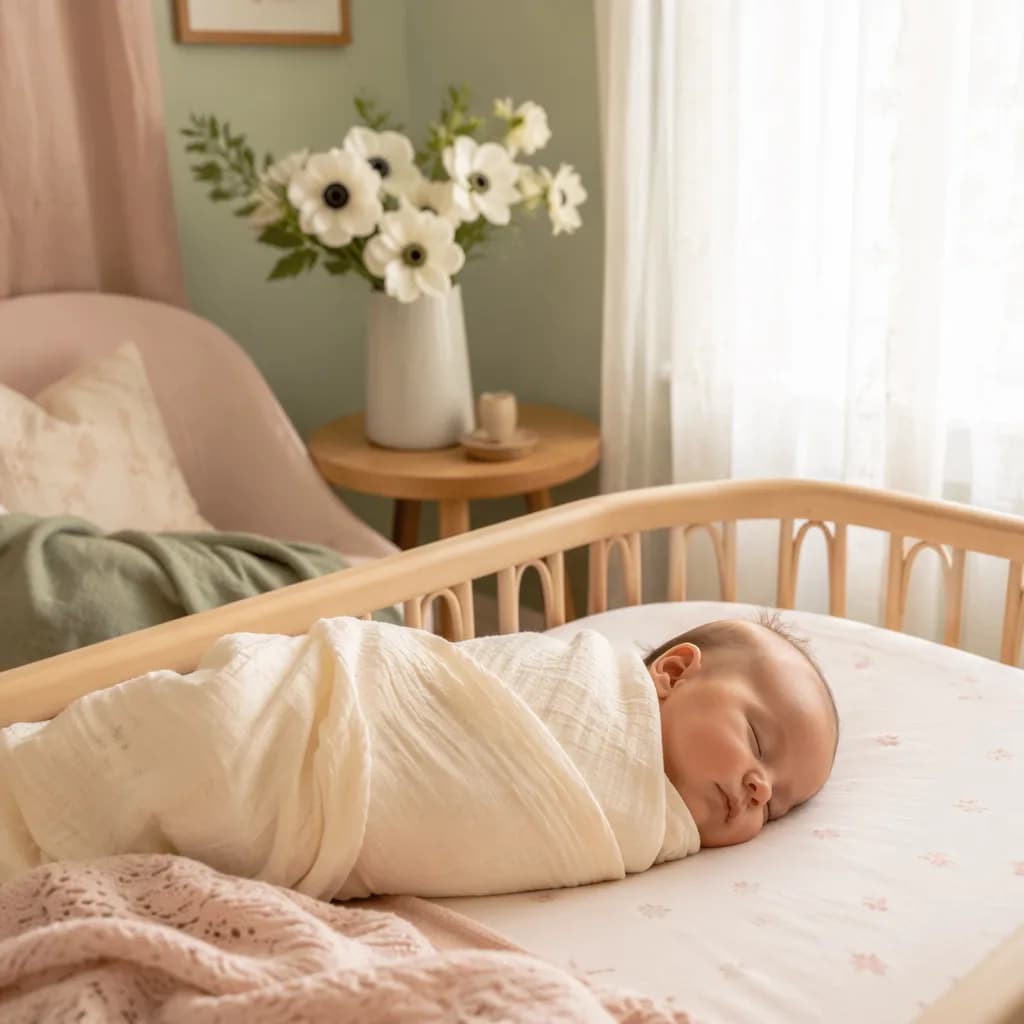 Sleeping swaddled baby in a softly lit pastel nursery with white flowers.