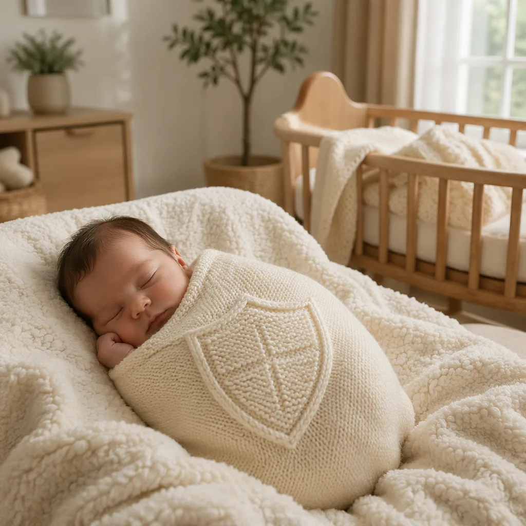 Sleeping baby in a cozy pastel nursery with a gentle protection theme