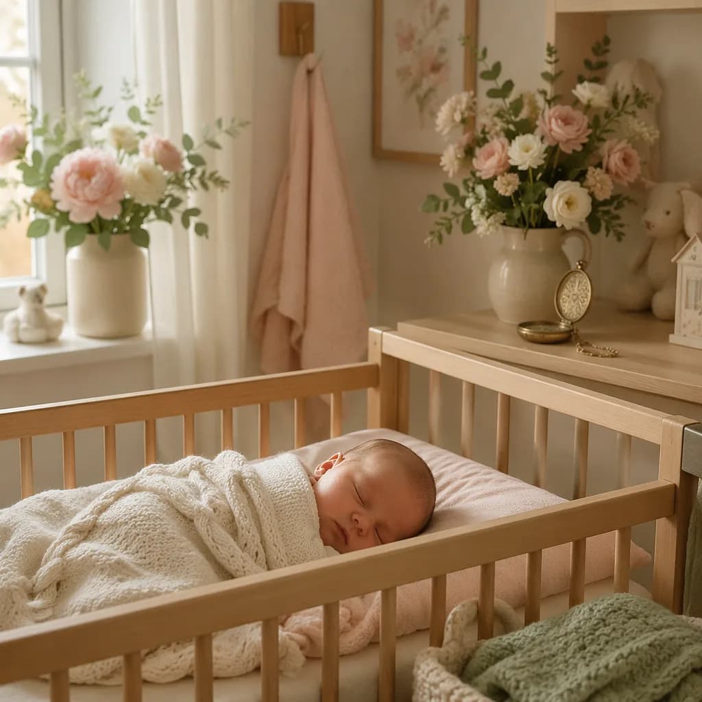 Sleeping baby in a warm pastel nursery with a delicate heirloom locket nearby.