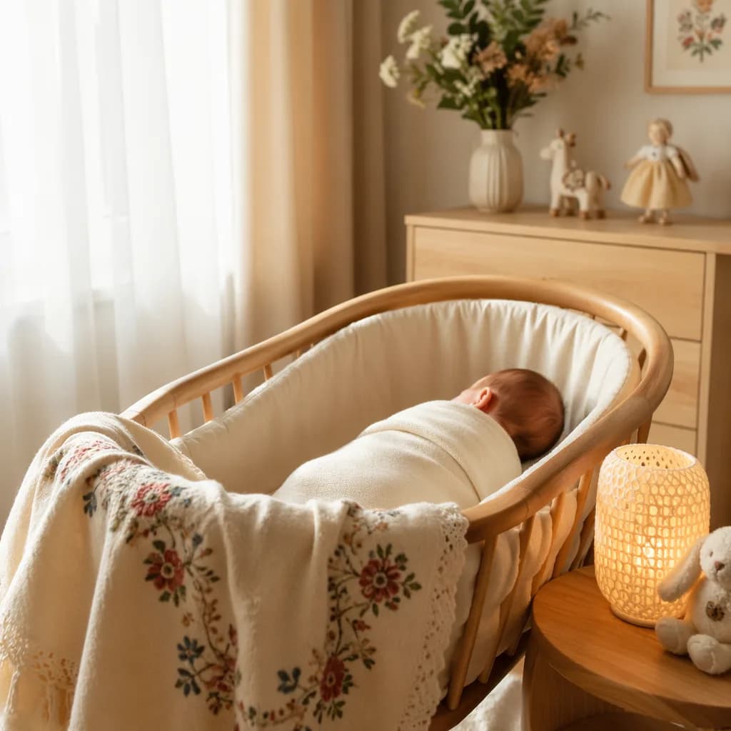 A softly lit pastel nursery with a swaddled sleeping baby and subtle Polish-inspired details.