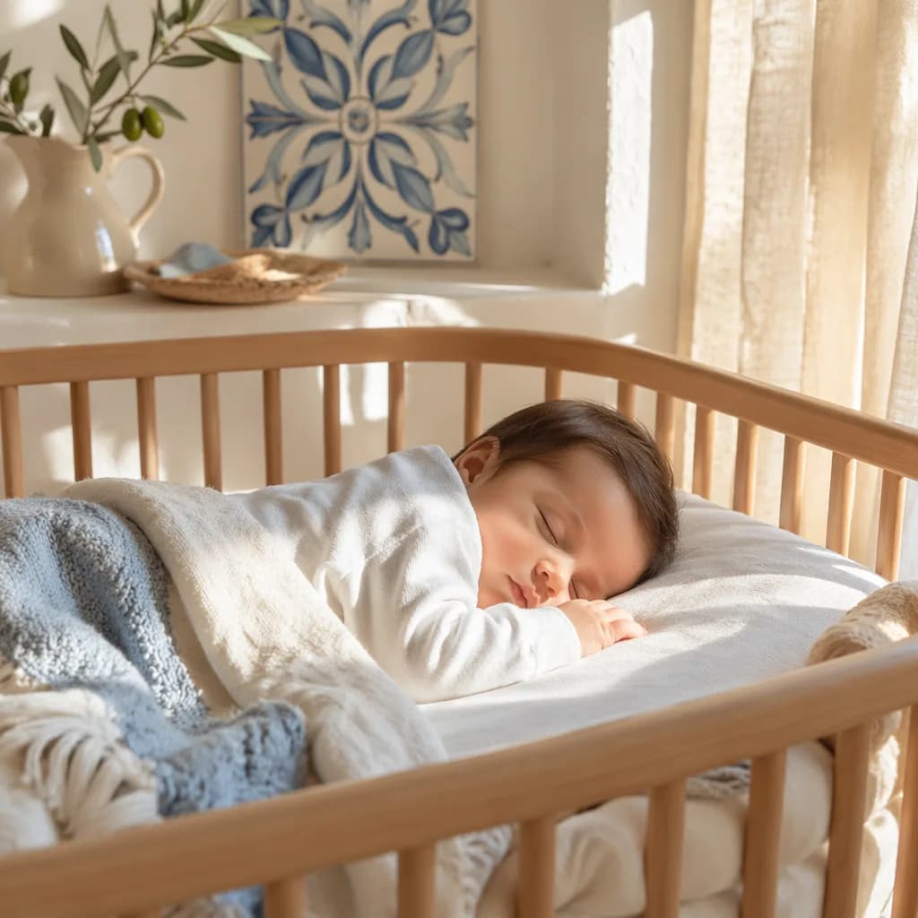 Soft Portuguese-inspired nursery with a sleeping baby in warm natural light.