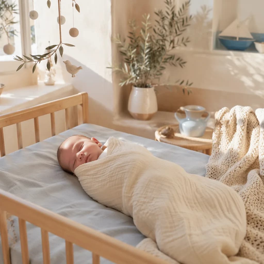 A peaceful Greek-inspired nursery with a swaddled sleeping baby, olive branch, and soft Mediterranean light.