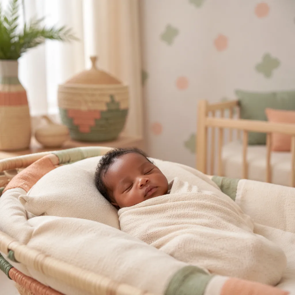 Peaceful swaddled newborn in a softly lit modern nursery with warm Yoruba-inspired accents.