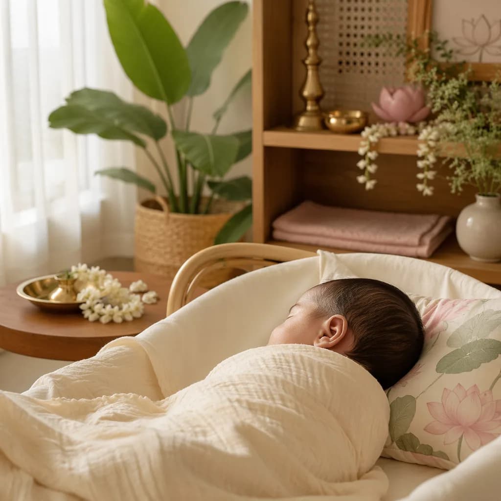 Peaceful baby in a softly lit nursery with jasmine and lotus-inspired decor.