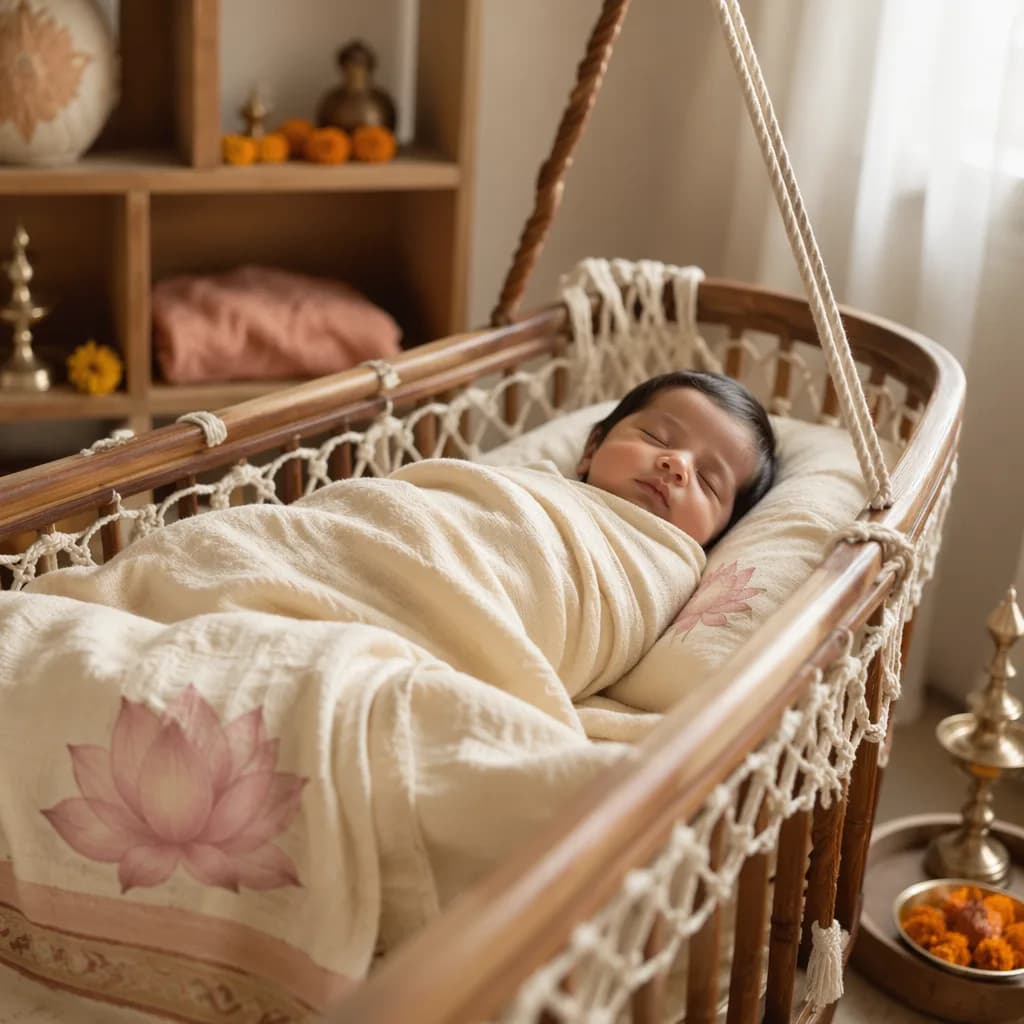A softly lit nursery with a swaddled sleeping baby and gentle lotus-inspired accents.