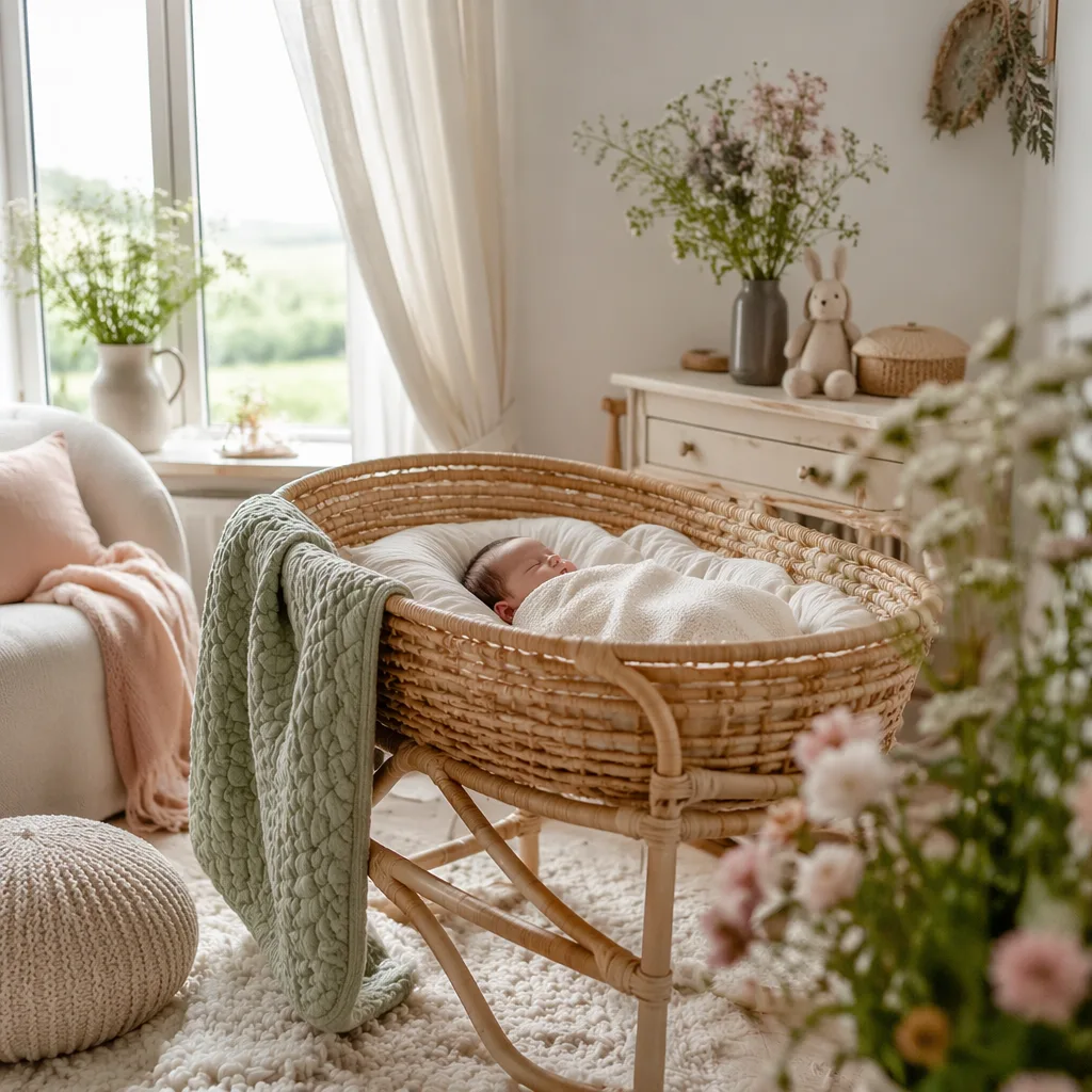 A peaceful pastel nursery with a swaddled baby in soft natural light.