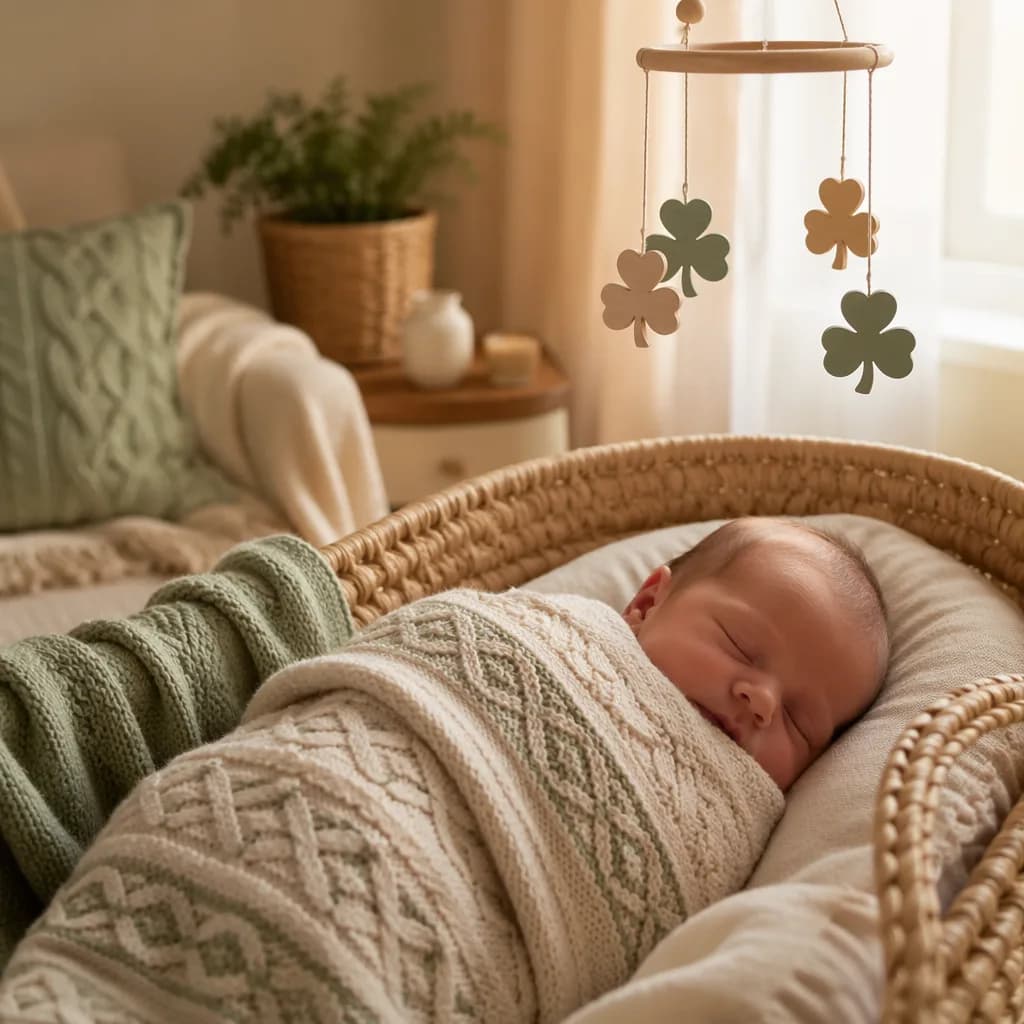 Sleeping Irish newborn in a soft pastel nursery with warm golden light and sage-green accents.