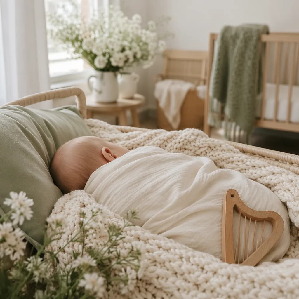 Sleeping newborn in a soft Irish-inspired pastel nursery with cozy wool and white flowers.