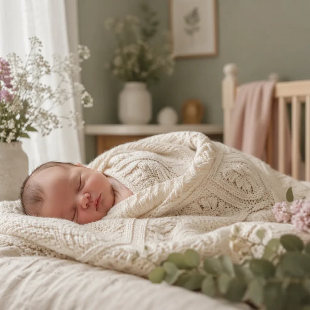 Sleeping newborn in a soft Irish-inspired pastel nursery with gentle natural light