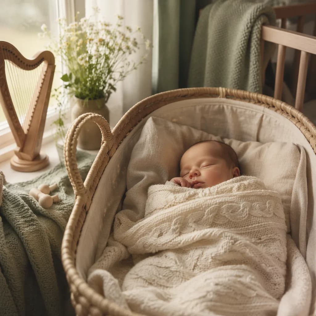 Sleeping baby in a soft Irish-inspired nursery with warm natural light.