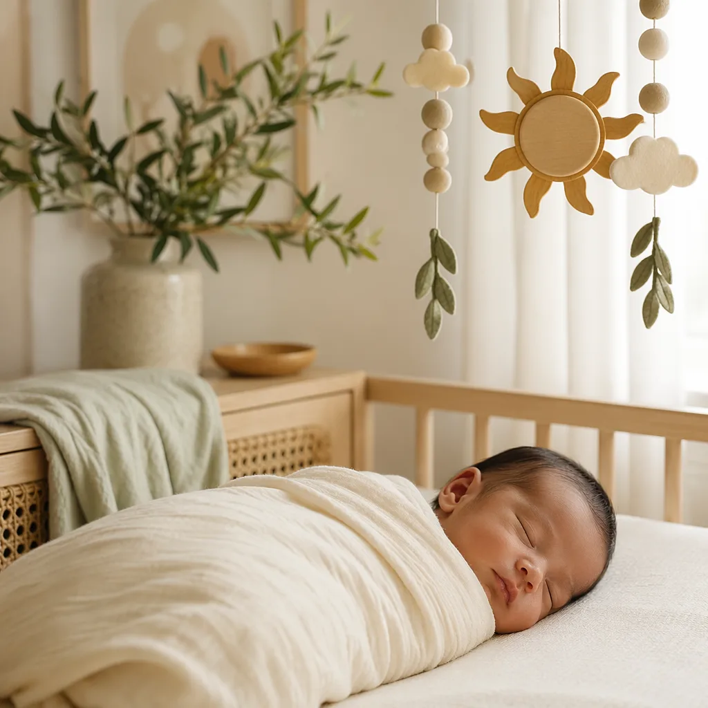 Filipino newborn sleeping in a soft pastel nursery with gentle sunlight and a wooden sun mobile.