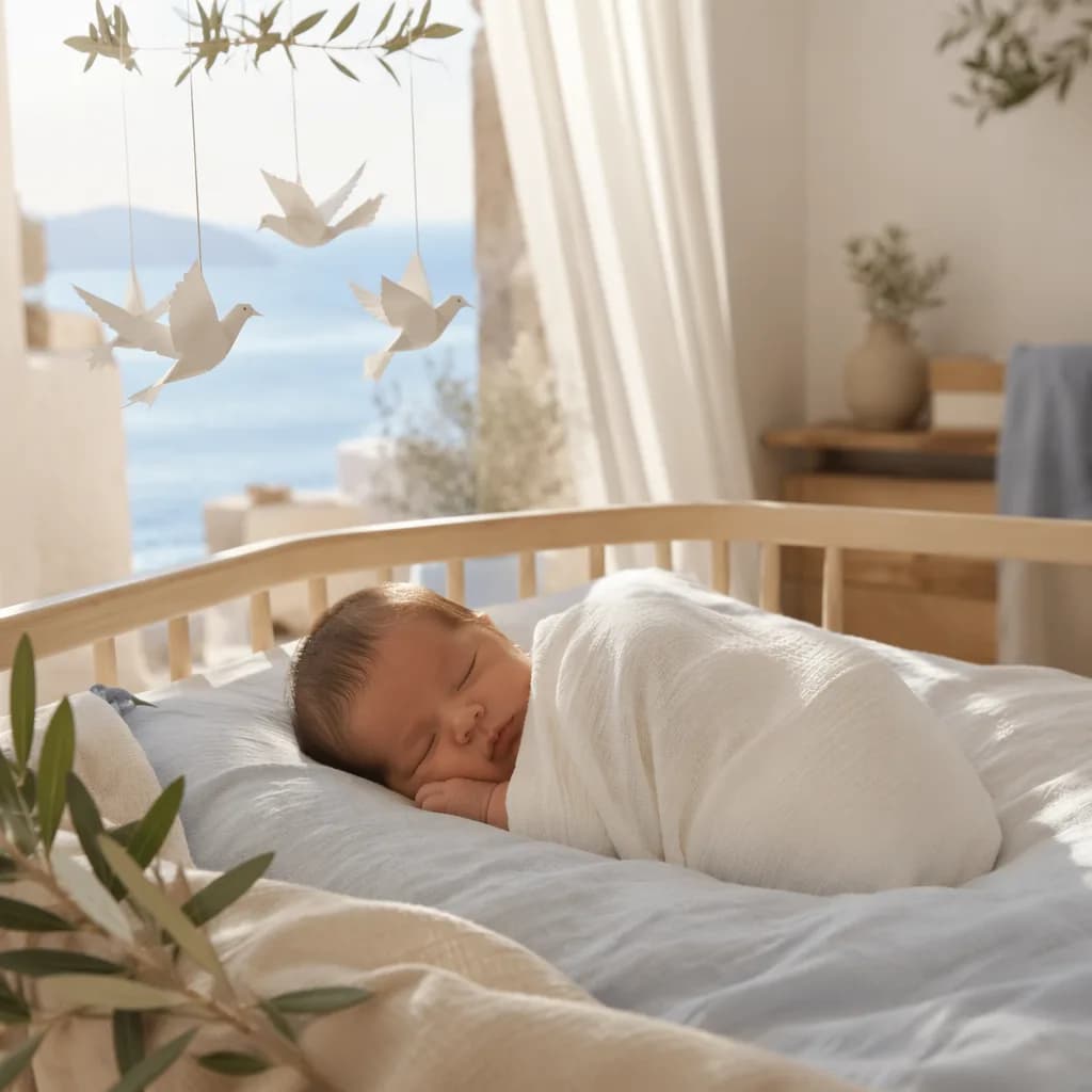 Sleeping newborn in a soft Greek-inspired nursery with olive branch and dove mobile.