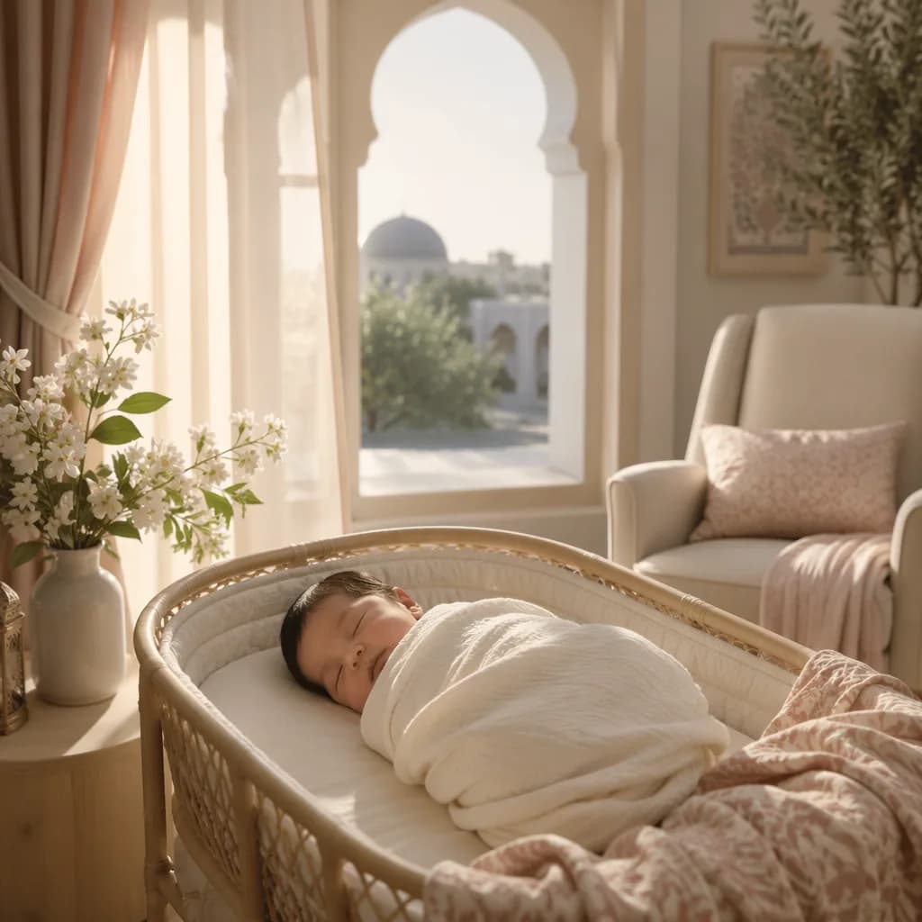 Soft pastel nursery with a swaddled newborn, white blossoms, and gentle Urdu-inspired details.