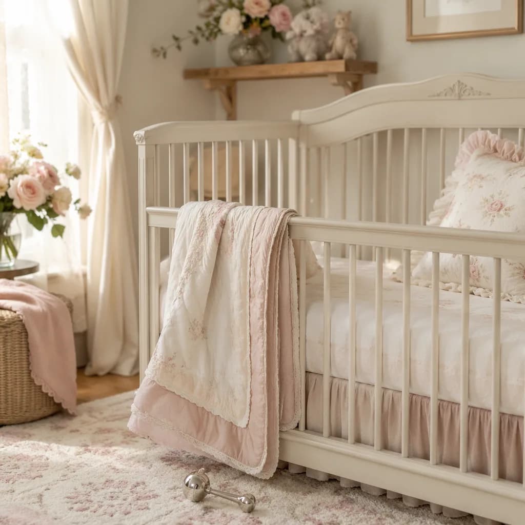 Soft pastel nursery with blush flowers and gentle morning light, evoking the name Arabella.