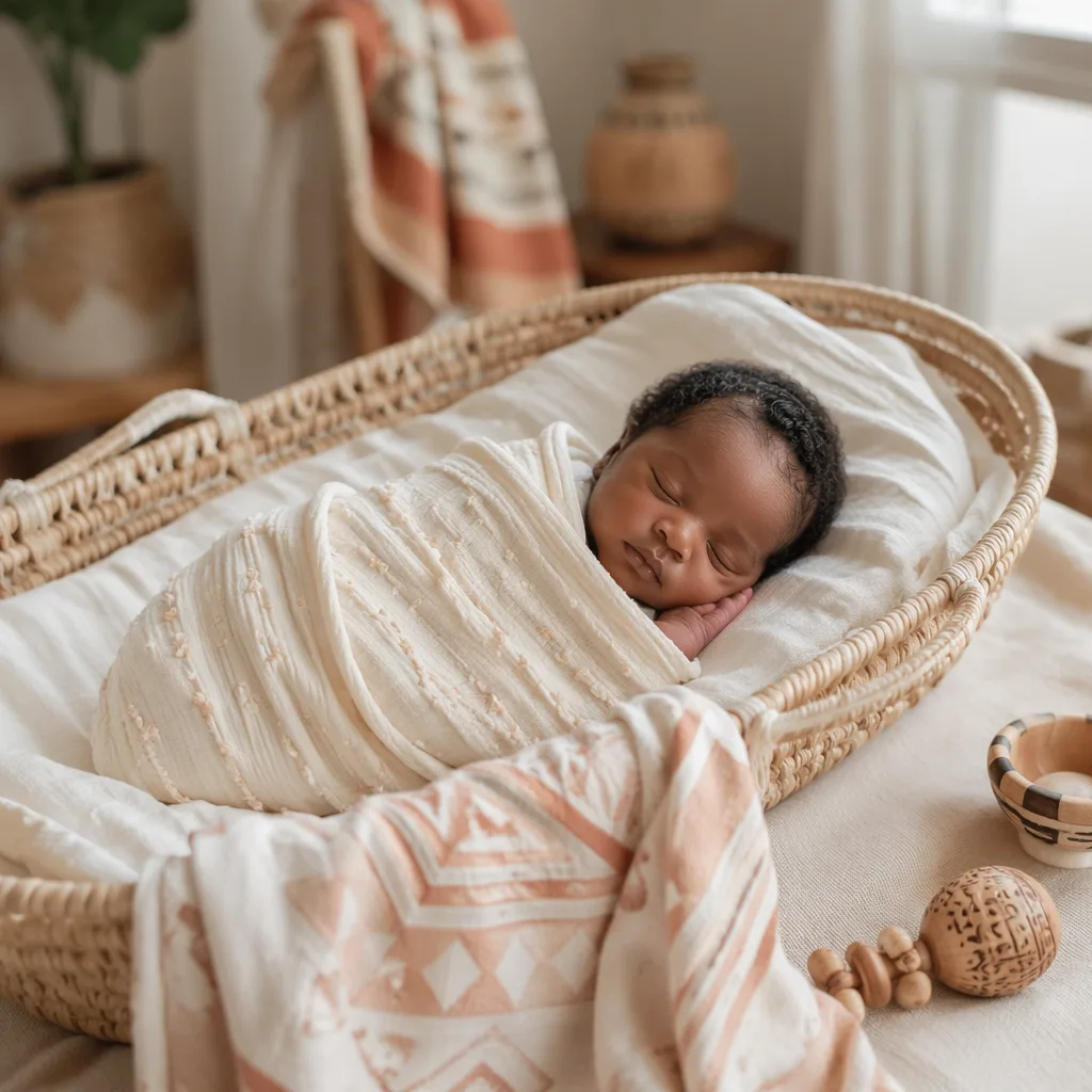 A peaceful swaddled newborn in a softly lit nursery with subtle Yoruba-inspired details.