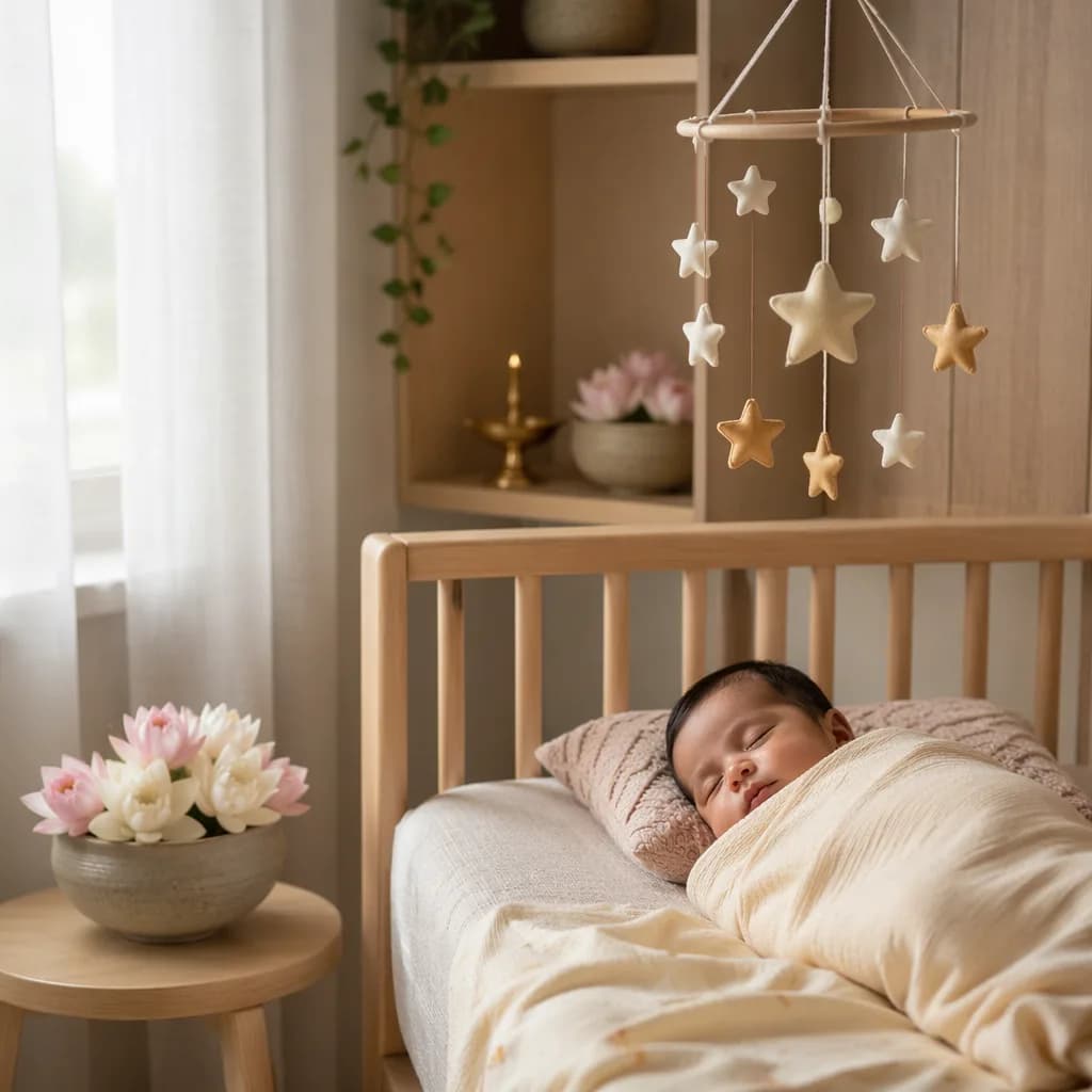 A peaceful pastel nursery with a swaddled baby, lotus flowers, and a star mobile.