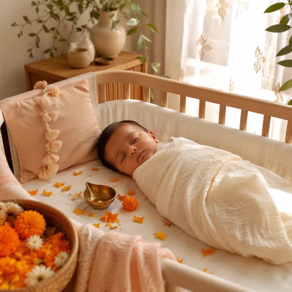 A serene pastel nursery scene with a swaddled sleeping baby and delicate marigold accents.