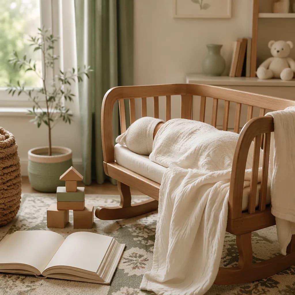 A cozy pastel nursery with a sleeping baby and soft symbols of wisdom.