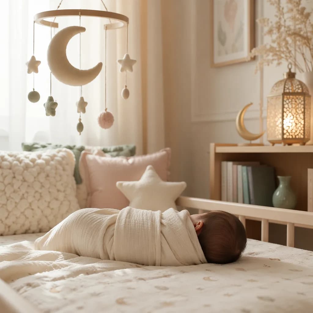 A cozy pastel nursery with a swaddled baby, crescent moon mobile, and soft natural light.