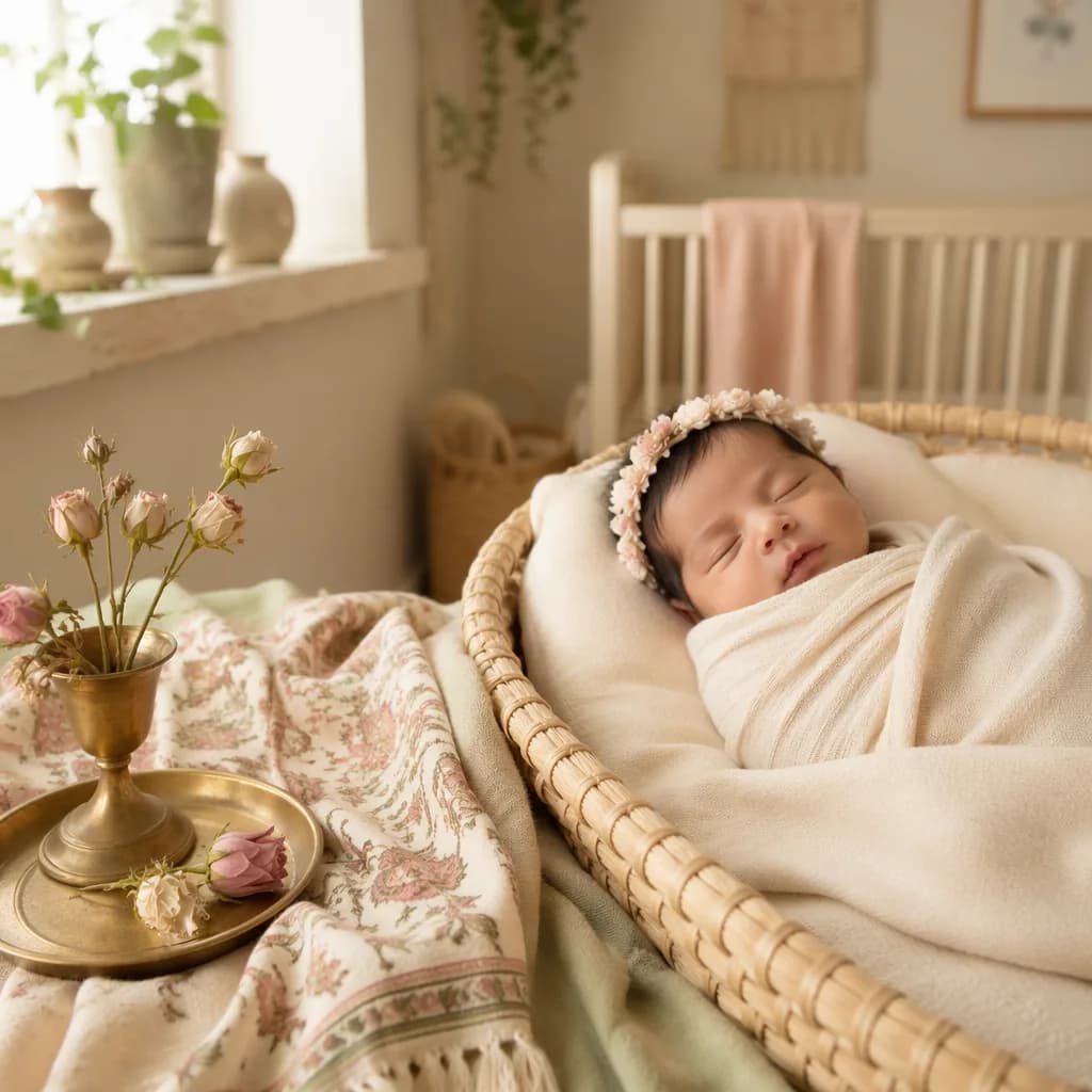 Peaceful Persian-inspired nursery scene with a swaddled newborn and soft floral details.