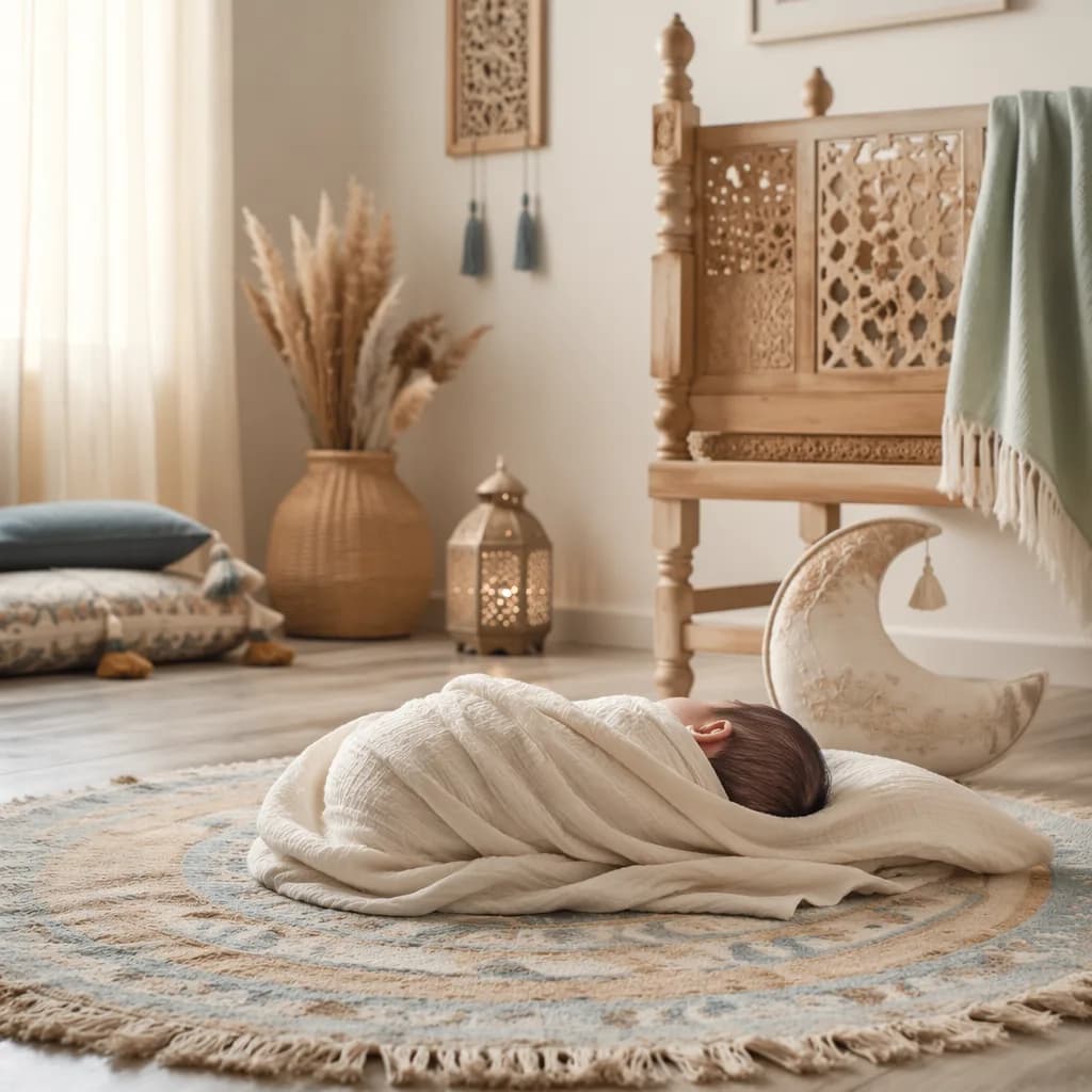 A peaceful baby sleeping in a warm pastel nursery with subtle Urdu-inspired decor.