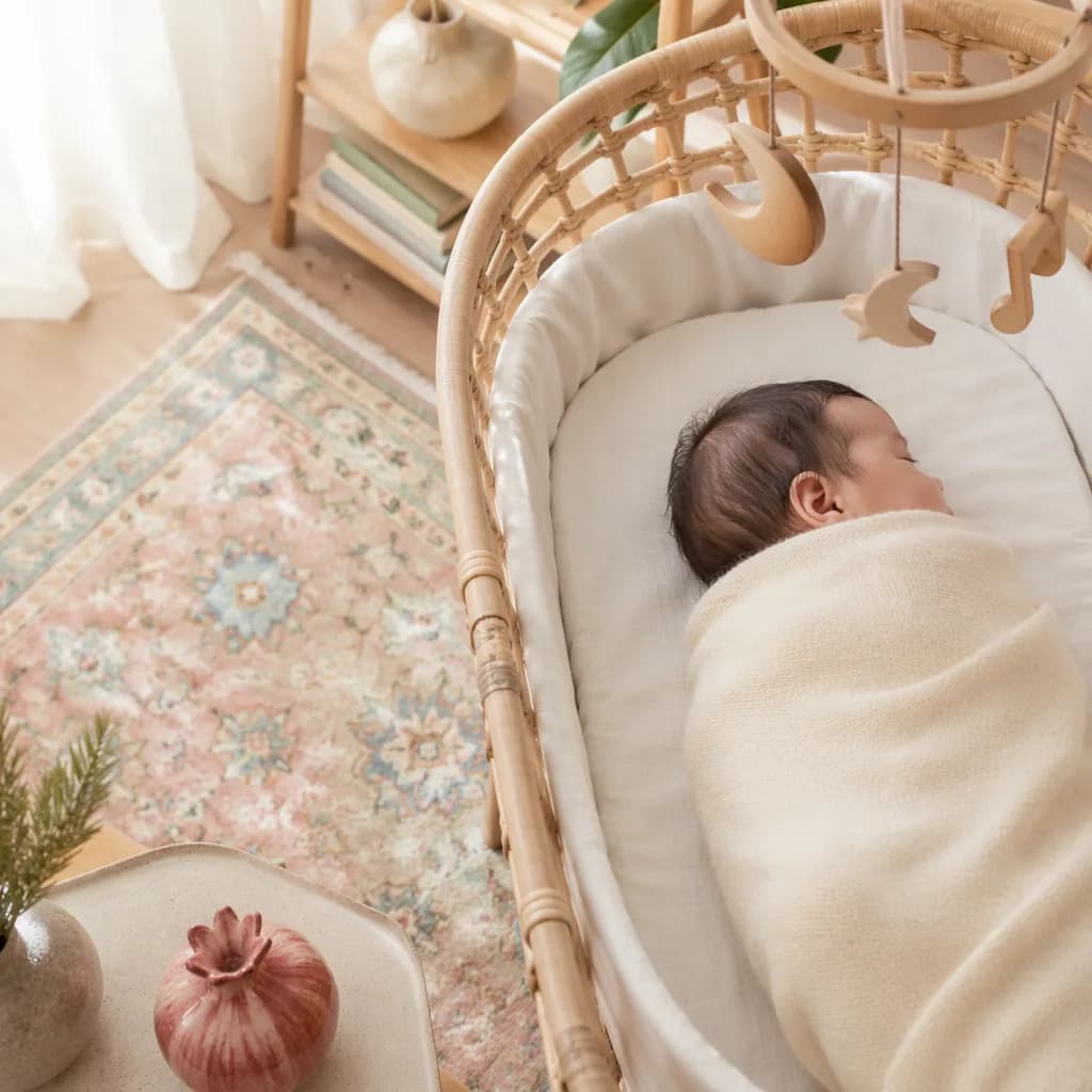 Soft pastel Persian-inspired nursery with a swaddled sleeping baby and gentle musical mobile.