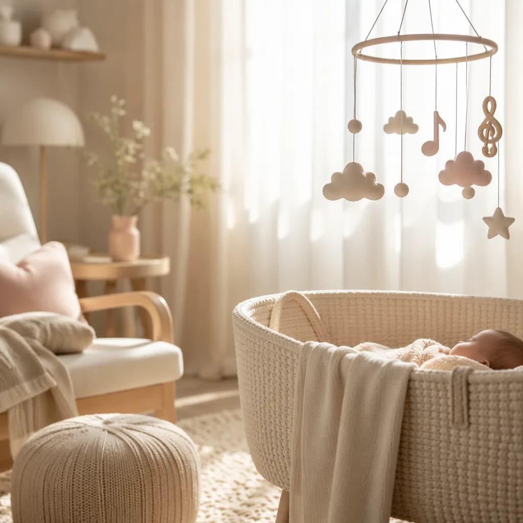 Soft pastel nursery with a sleeping baby and delicate musical mobile for the name Aria