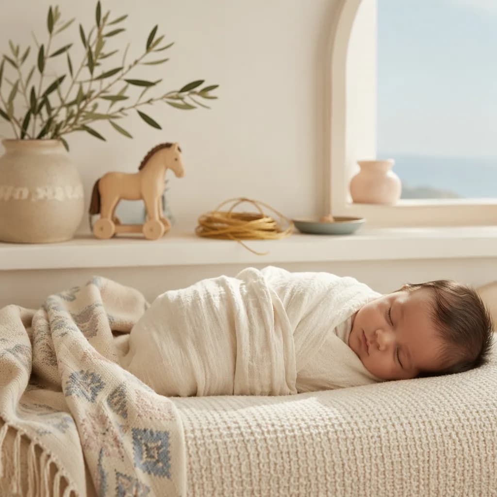 Soft Greek-inspired nursery with a sleeping swaddled baby, olive branch, wooden horse toy, and warm pastel decor.