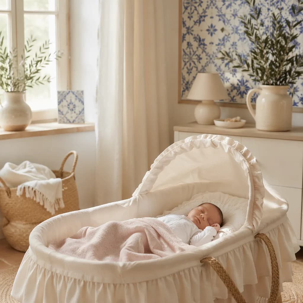 Peaceful pastel nursery with a sleeping baby and subtle Portuguese-inspired decor.