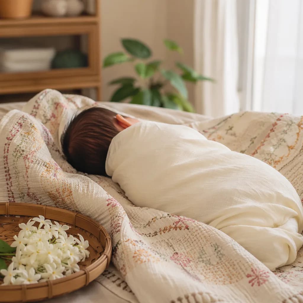 Sleeping Bengali newborn in a soft pastel nursery with a kantha quilt and gentle natural light.