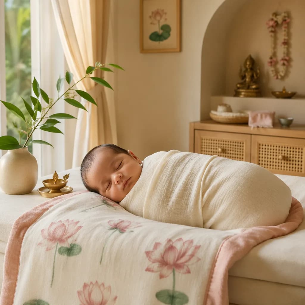 A peaceful swaddled baby in a softly lit pastel nursery with subtle Sanskrit-inspired decor.