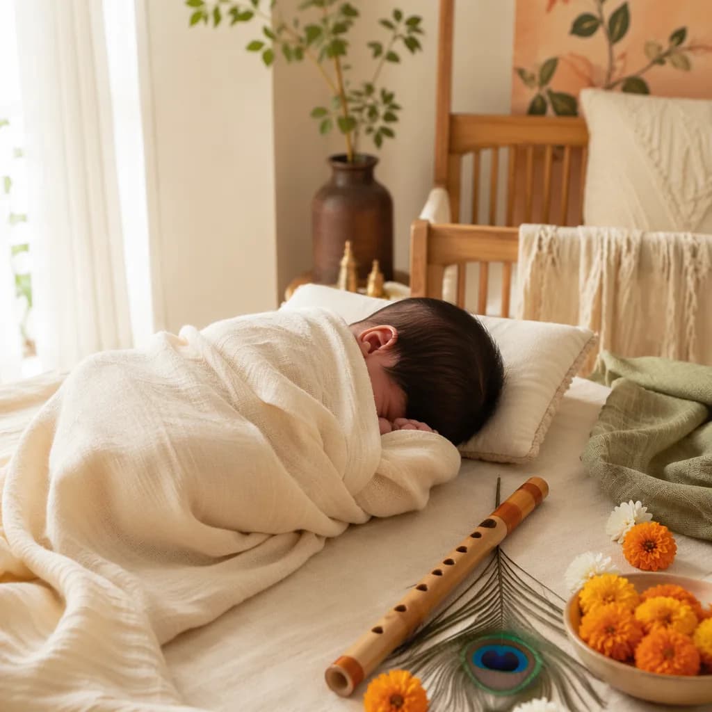A peaceful newborn in a soft pastel nursery with marigolds and Krishna-inspired details.