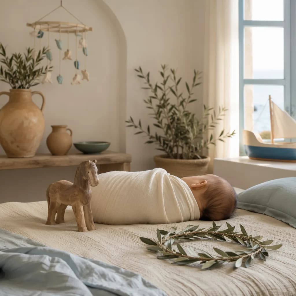 Sleeping Greek-inspired baby nursery scene with a wooden horse toy and olive branches.