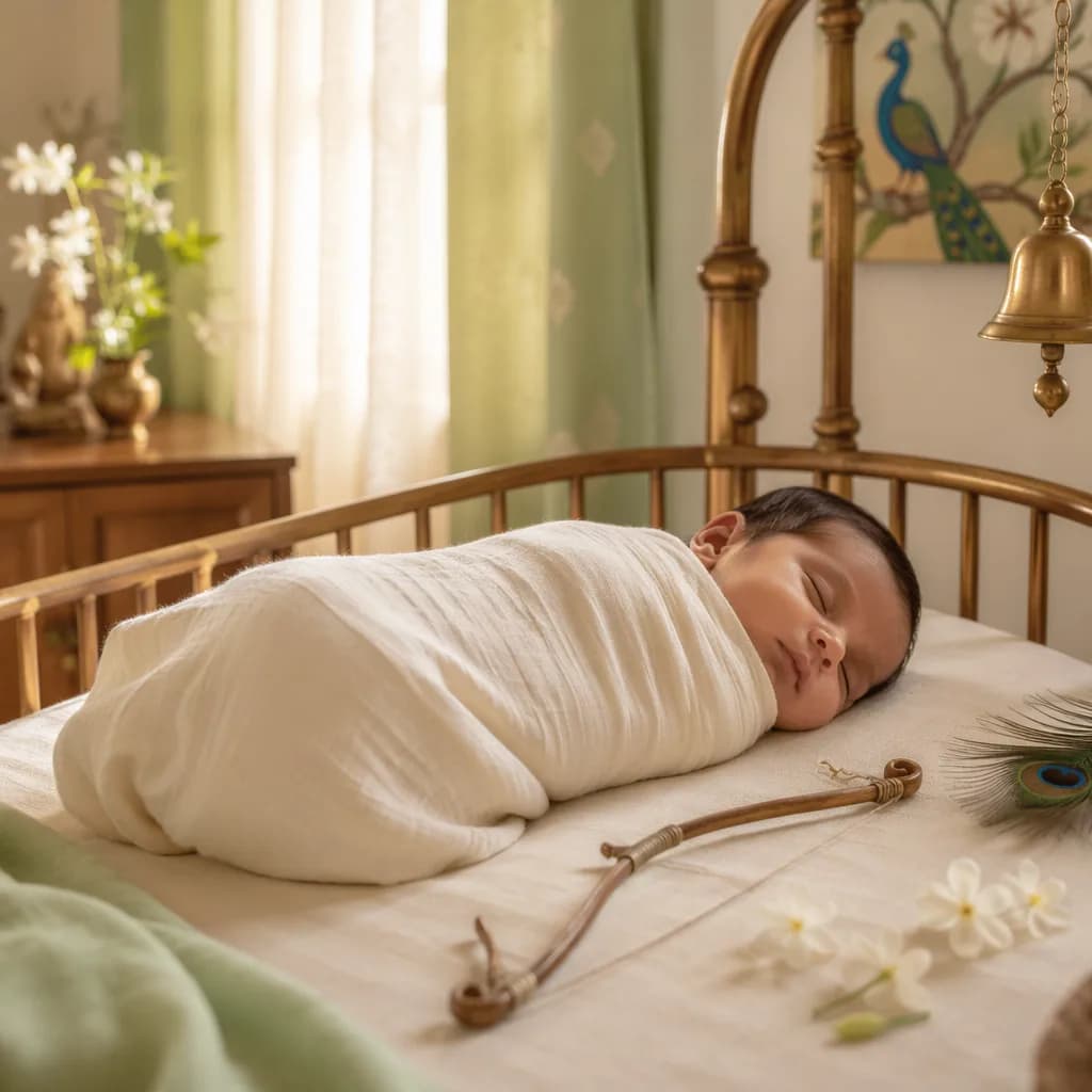 Sleeping swaddled baby in a soft Sanskrit-inspired nursery with jasmine, peacock feather, and wooden bow details.