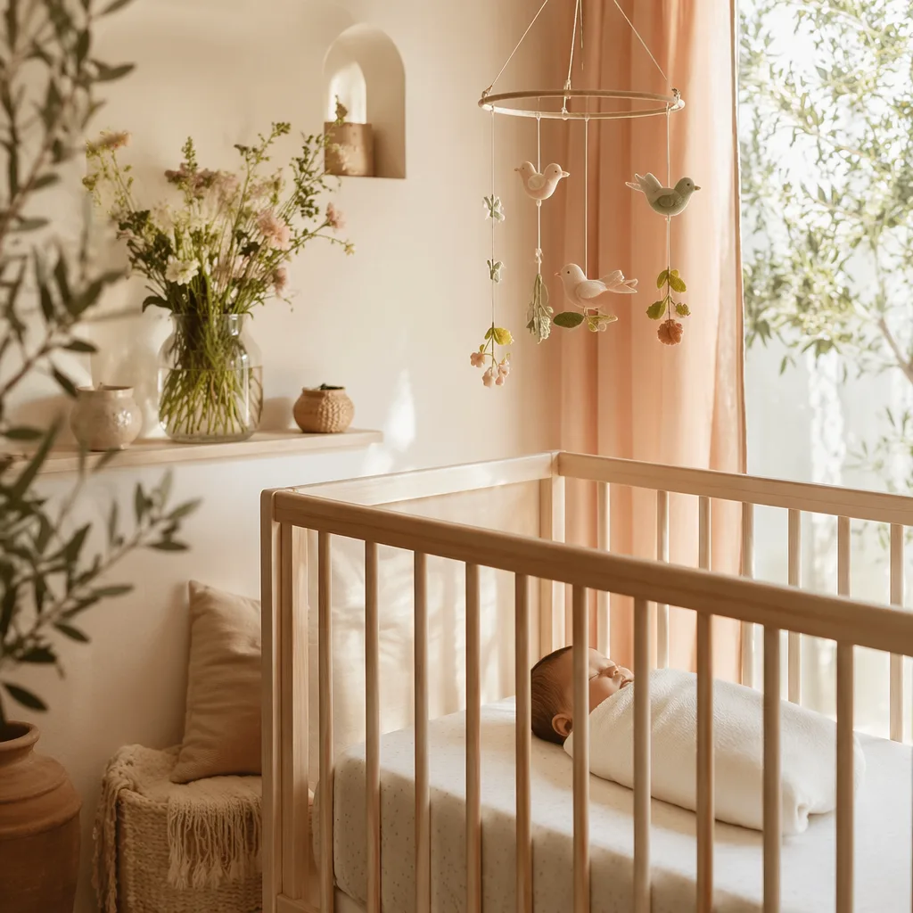 Soft pastel nursery with a swaddled sleeping baby and delicate bird mobile.