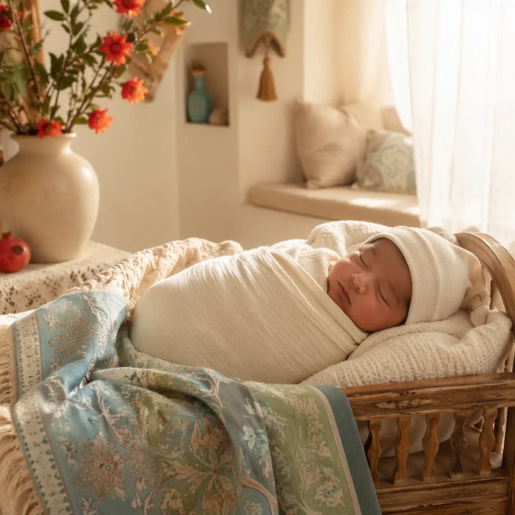 Sleeping newborn in a soft Persian-inspired nursery with warm pastel decor.